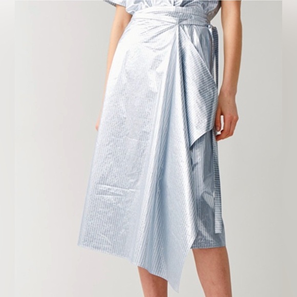 COS $175 Metallic Silver Striped Asymmetrical Wrap‎ Midi Skirt Romania Holiday - Picture 2 of 9